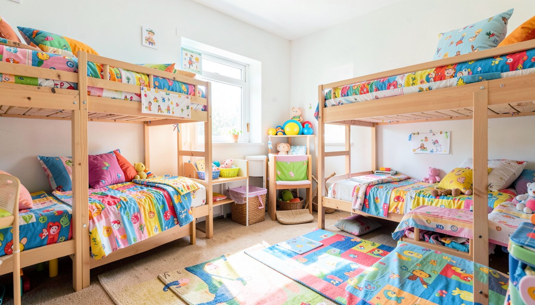 Bright bunk beds in a cheerful children's dormitory room with colourful bedding and natural light
