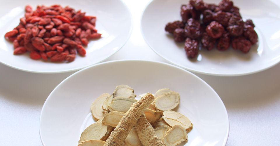 Three white plates holding dried red berries, dark dried fruit, and sliced root pieces on a white table, warm tones