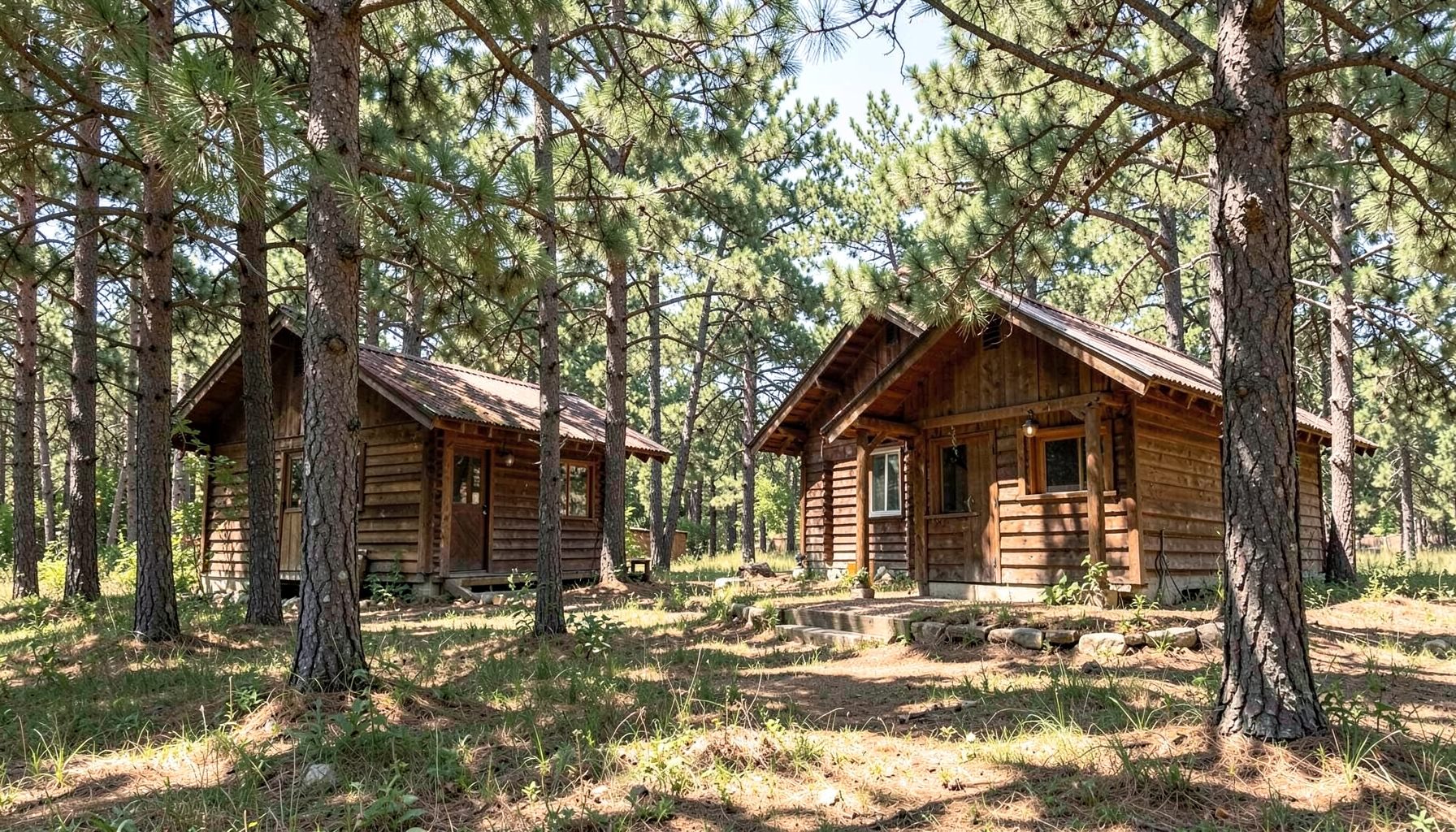 Wooden cabins nestled among pine trees on a sunny day, with dappled light and a peaceful rural mood